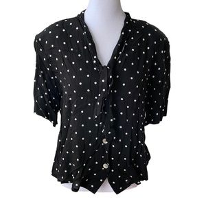 Vintage Jaclyn Smith Black White Polka Dotted Tie Neck Button Up Blouse Large